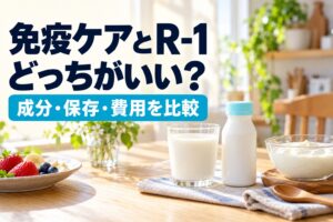 免疫ケアとR-1はどっちがいい？成分・保存・費用を比較するタイトル入り実写風AIイメージ