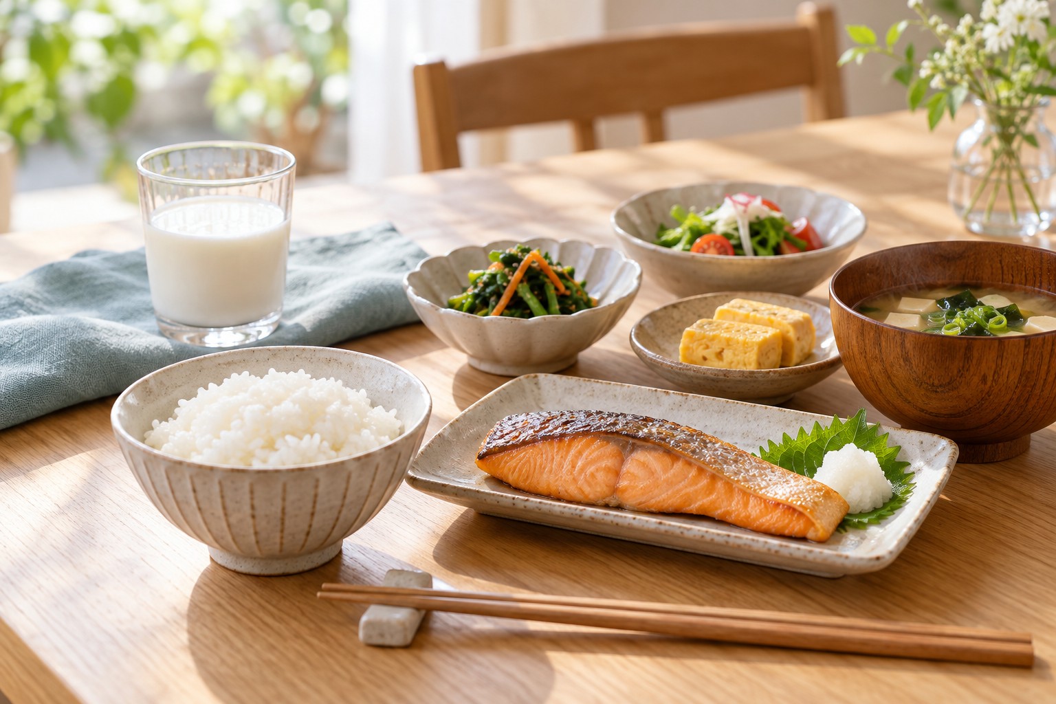 主食・主菜・副菜と白い飲料を並べた朝食のイメージ