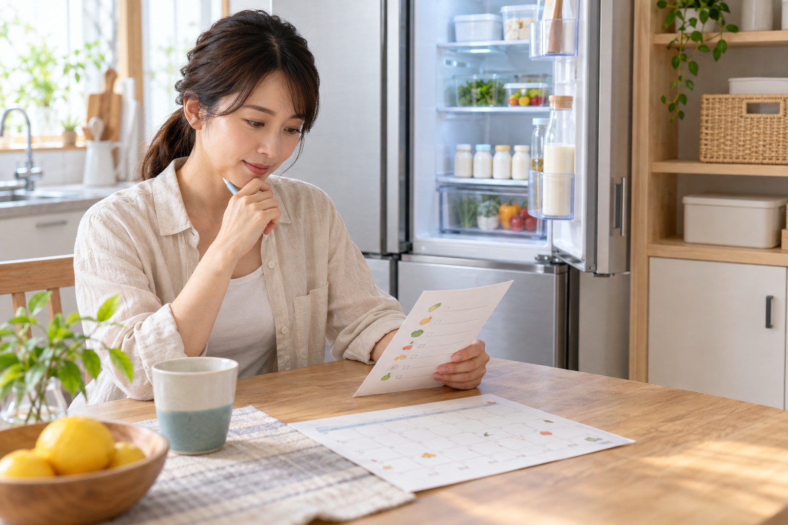 買い物メモと冷蔵庫の空きを確認する生活イメージ