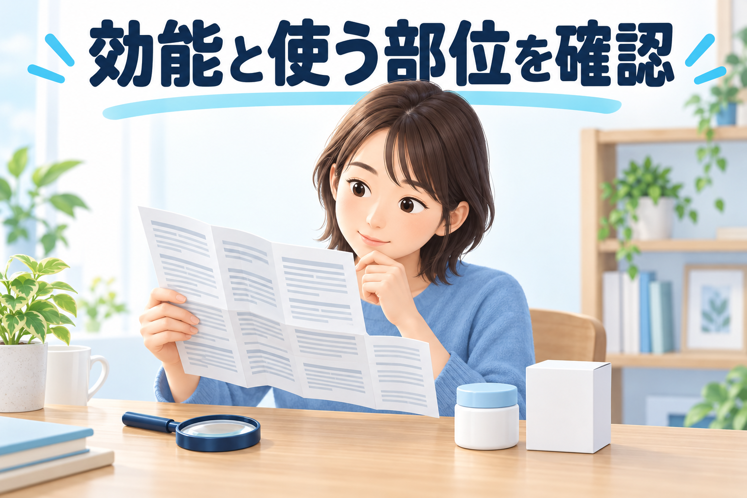効能と使う部位を確認する説明書チェックのAI生成イラスト