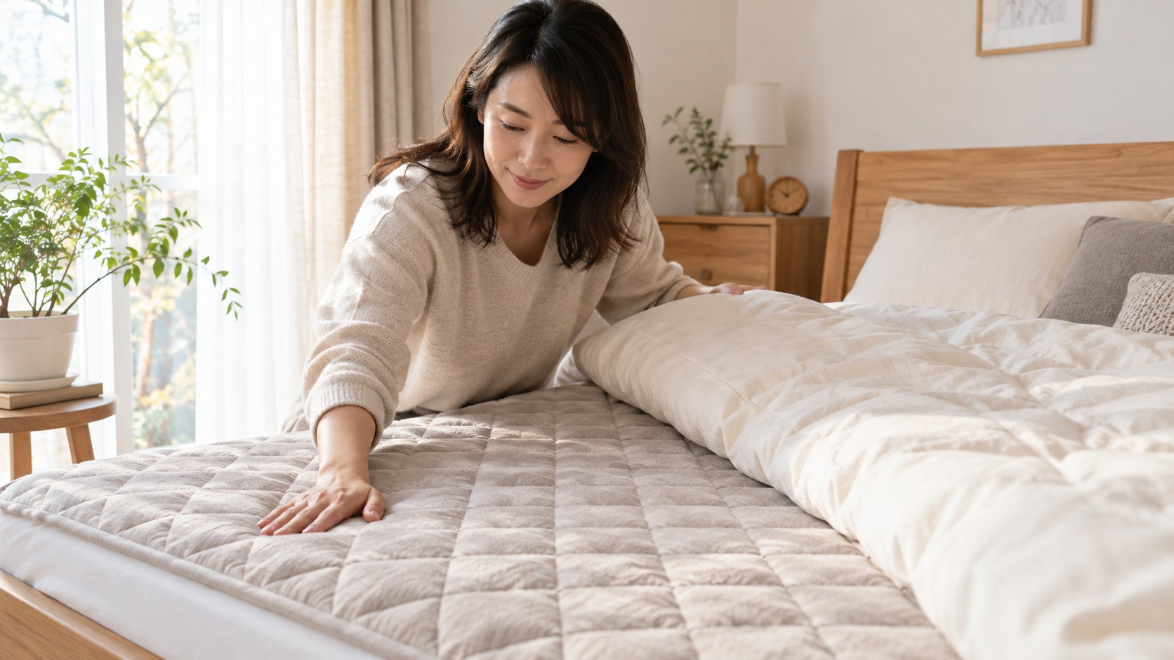 冬用寝具の敷きパッドを整える暮らしのイメージ