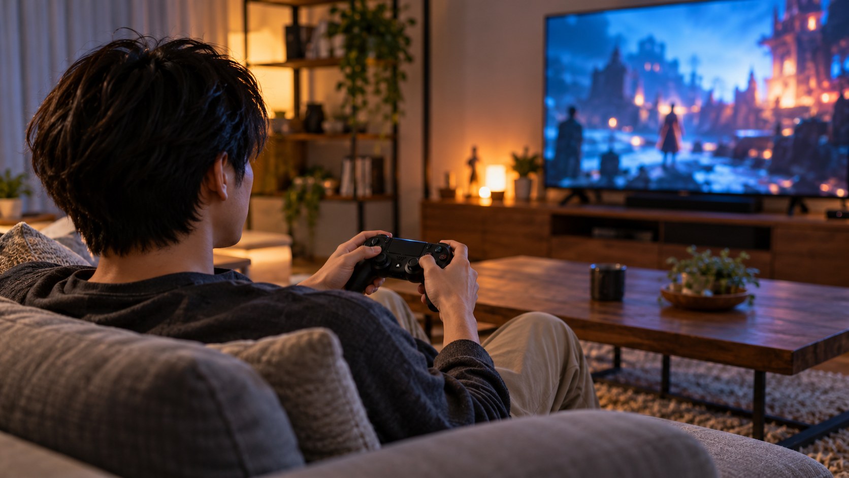 一人で家庭用ゲームを楽しむ生活シーン