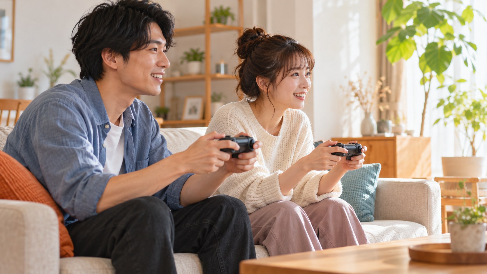 2人がそれぞれコントローラーを持ってゲームを楽しむイメージ
