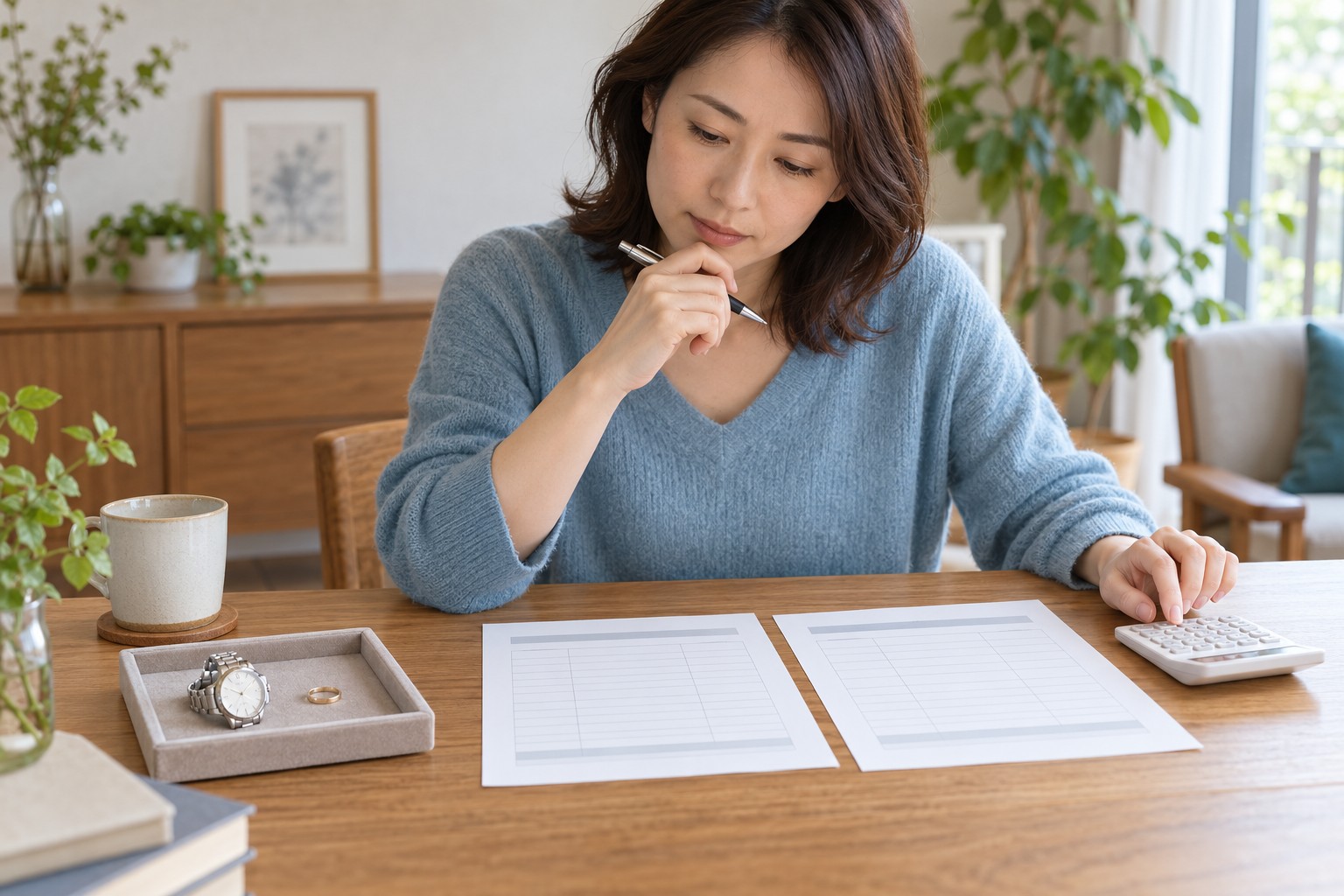 自宅で2枚の比較メモを見ながら検討するイメージ