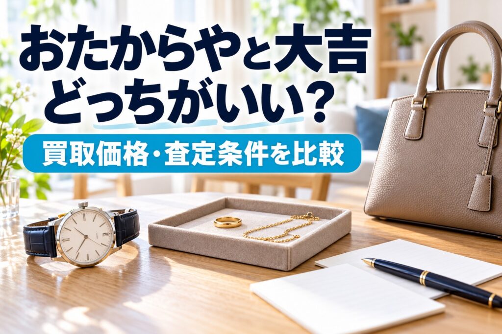 おたからやと大吉はどっちがいい？買取価格・査定条件を比較するタイトル入り実写風AIイメージ