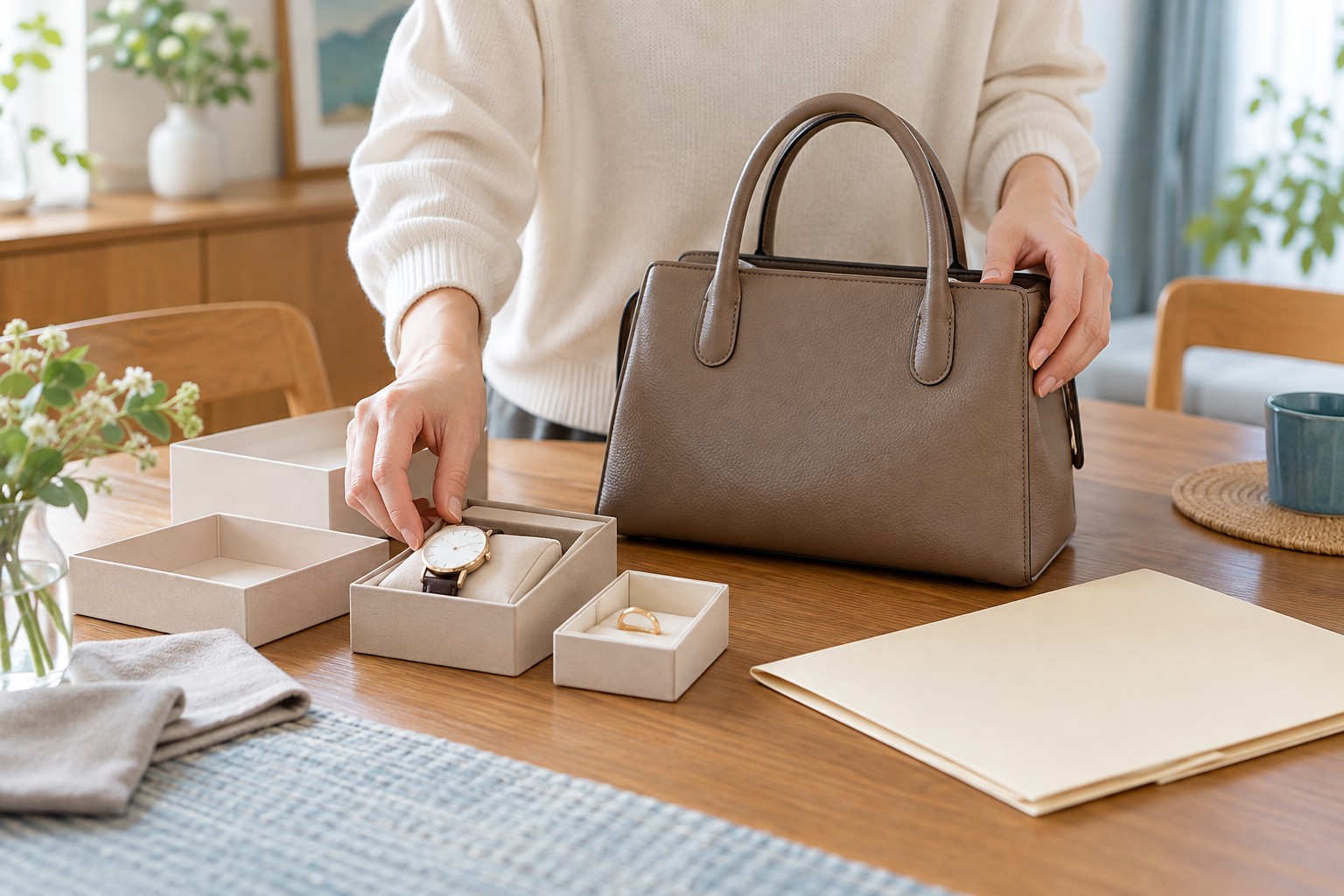 時計・バッグ・指輪と付属品を査定前にそろえるイメージ