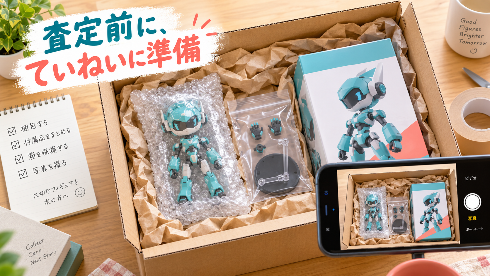フィギュアの付属品を確認し緩衝材で梱包する準備のイメージ。AI生成の架空商品