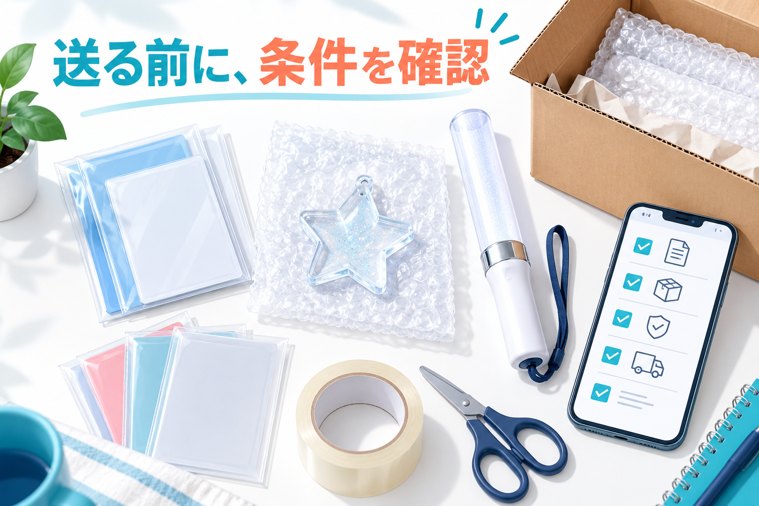 グッズを保護しながら発送条件を確認する梱包イメージ