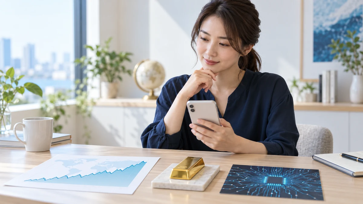 スマートフォンを見ながら株式・金・テクノロジーの特徴を比べるイメージ