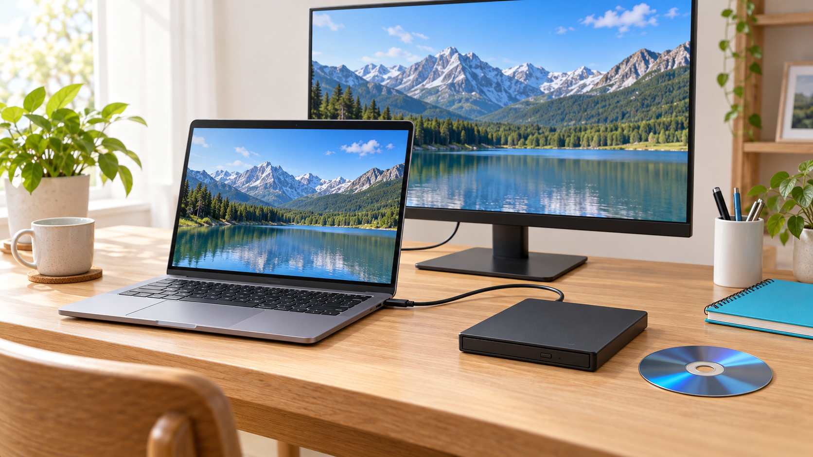 ノートPCと外付け光学ドライブ、外部モニターの接続をイメージした机上の構成