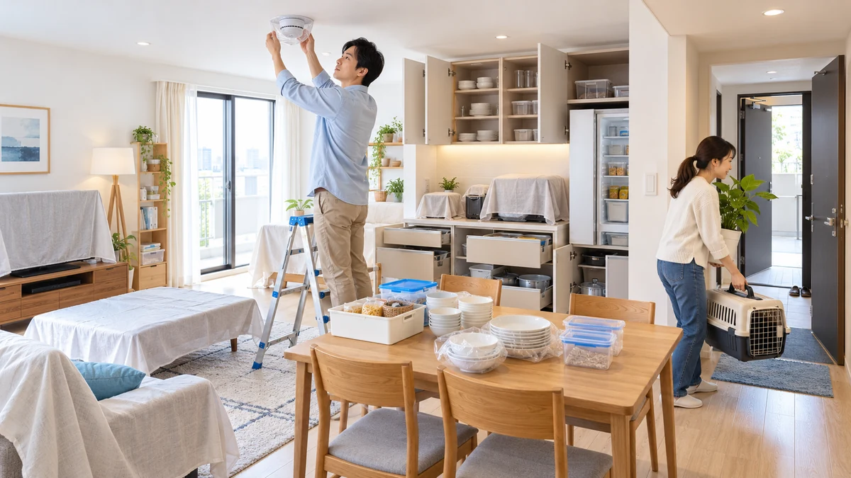 バルサン使用前に火災報知器や食品・家電を保護する準備(AI生成)