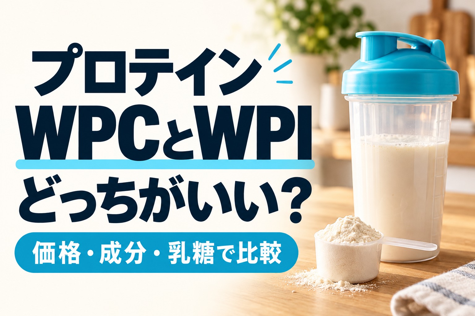 プロテインWPCとWPIはどっちがいい？価格・成分・乳糖で比較（実写風AI生成イメージ）