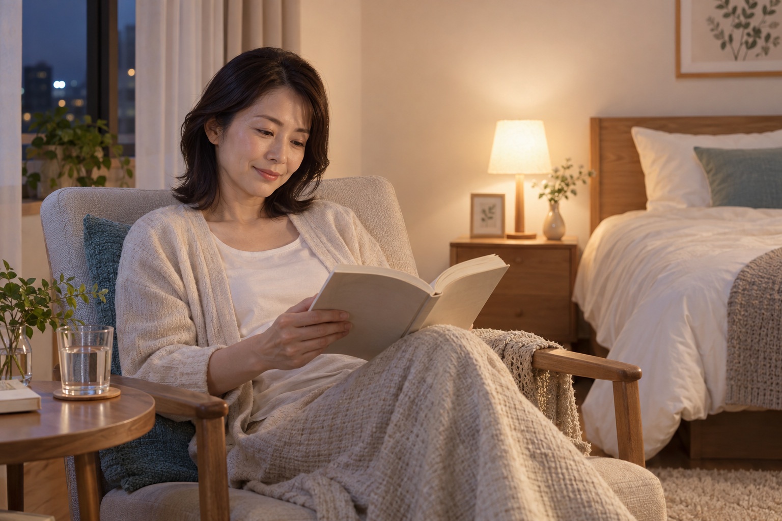 就寝前に読書して休息する女性のAI生成イメージ