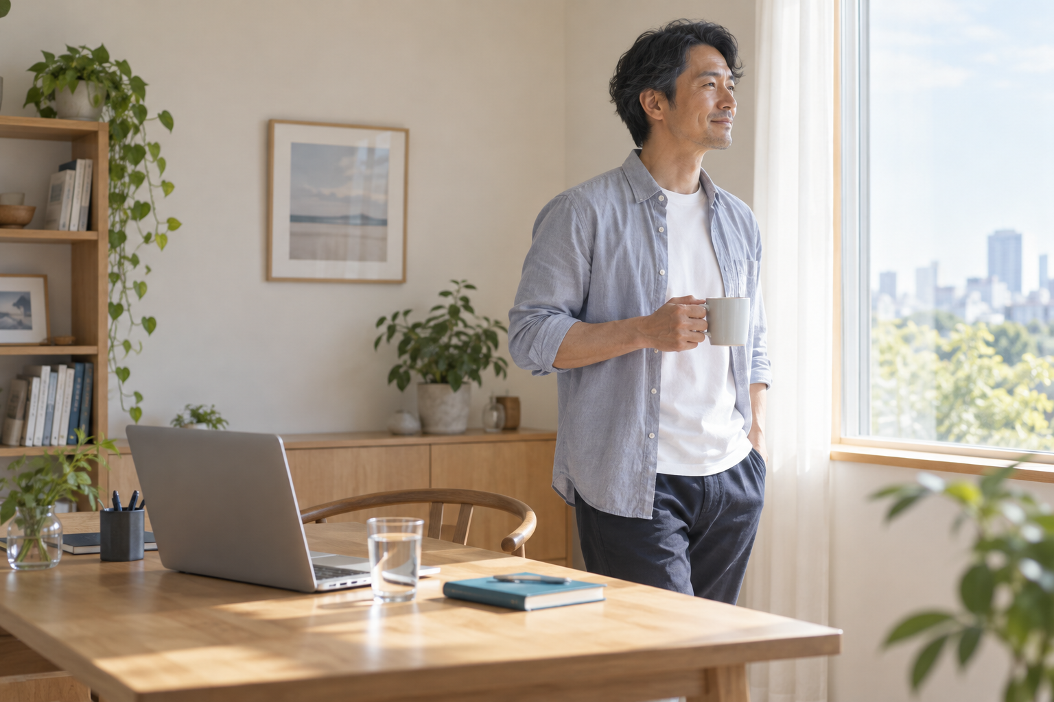 仕事の合間に画面から目を離す男性のAI生成イメージ