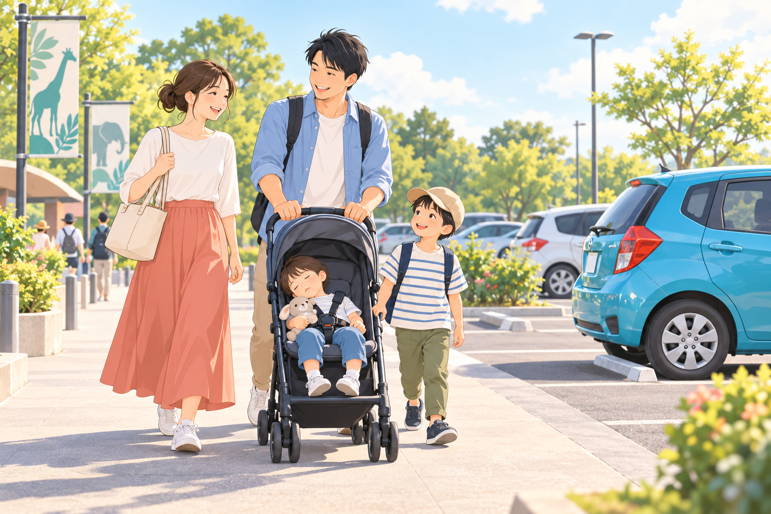 見学後に子どもと駐車場へ戻るイメージイラスト