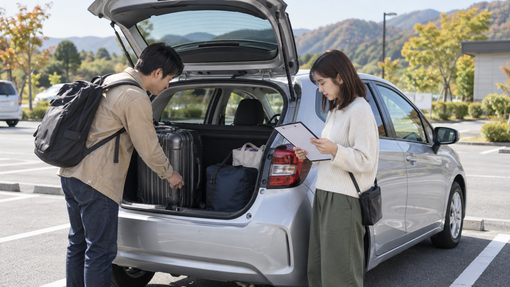 レンタカー返却前に荷物と忘れ物を確認する旅行イメージ（AI生成）