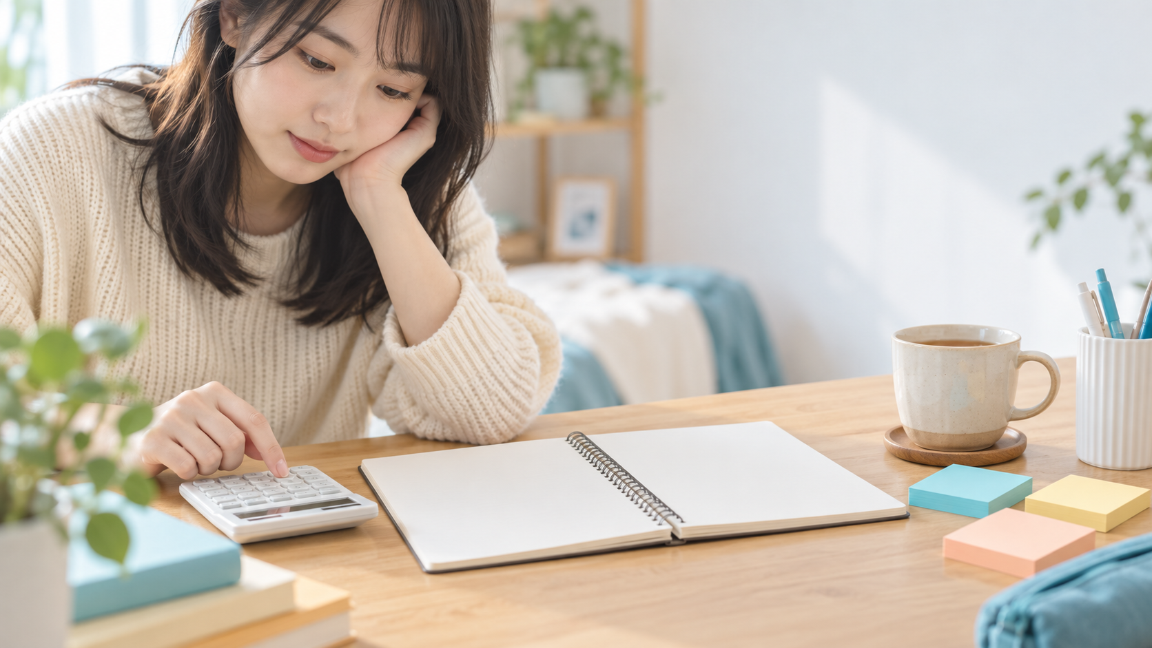 奨学金の振込額と保証料を計算する学生のイメージ