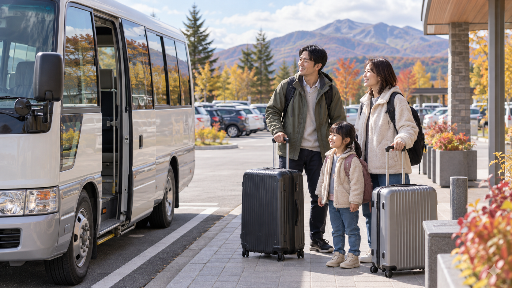 家族が荷物を持ってレンタカー送迎を待つ旅行イメージ（AI生成）