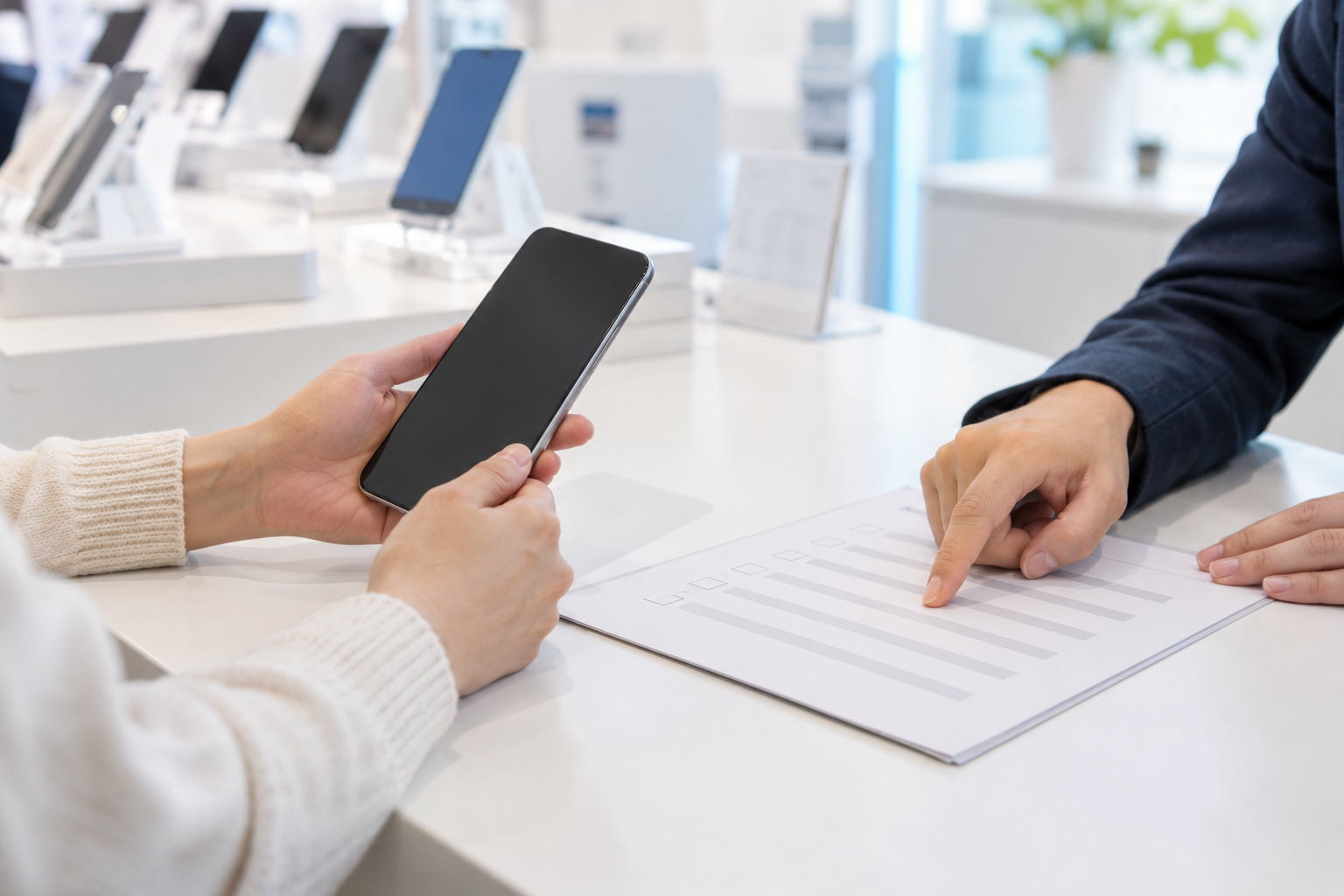 スマホ売り場で見積もり条件を確認する相談のイメージ
