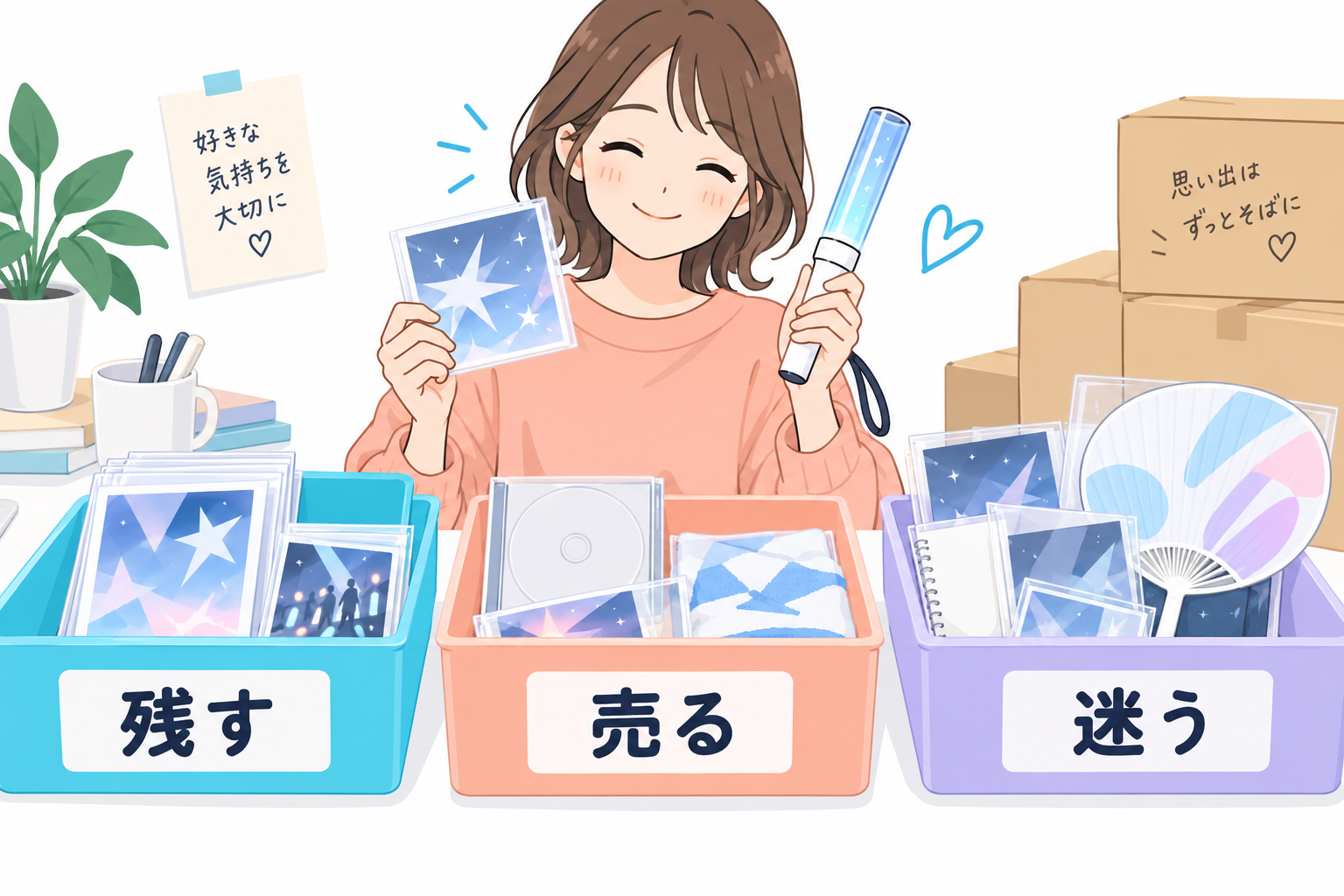 残す・売る・迷うにグッズを分けるイメージイラスト