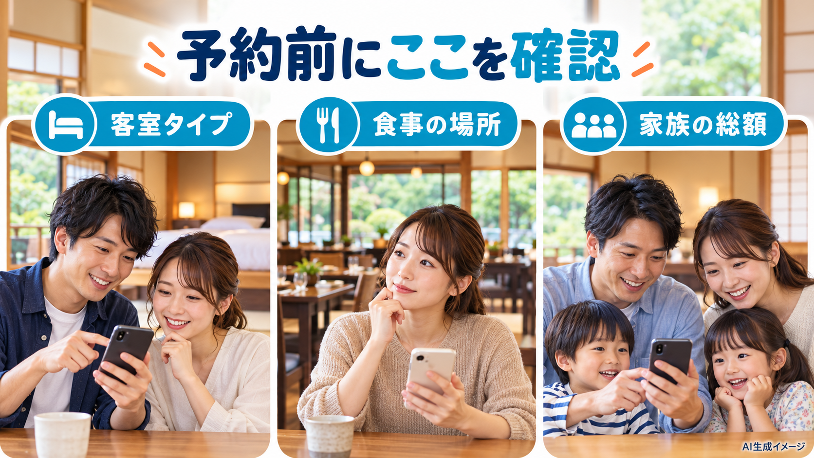 客室タイプ・食事の場所・家族の総額を確認する旅行者の実写風AI生成イメージ