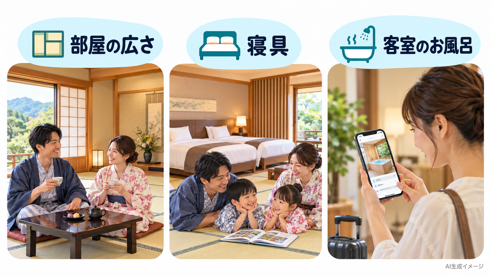 部屋の広さ・寝具・客室のお風呂を確認する旅行者の実写風AI生成イメージ