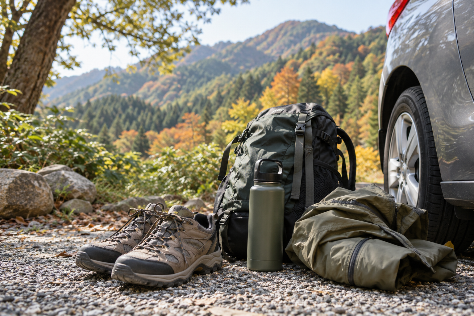 車で訪れる山歩きに備えた靴と荷物のAI生成イメージ。実際の山城の郷の写真ではありません