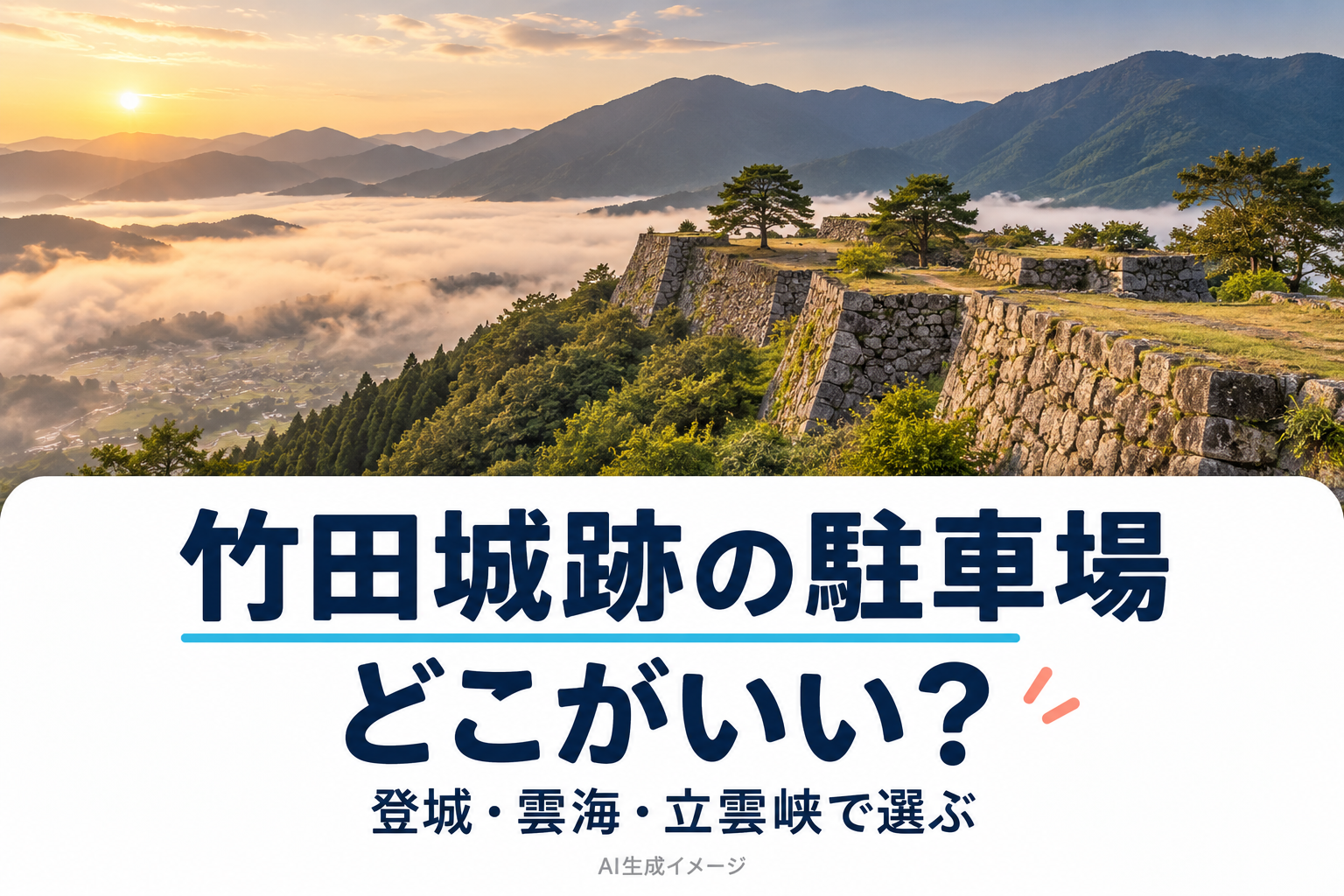 竹田城跡の駐車場はどこがいい。山城と雲海を表したAI生成イメージで実地写真ではありません
