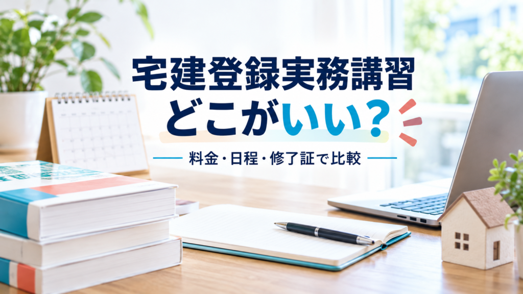 宅建登録実務講習を料金・日程・修了証で比較する記事のアイキャッチ。AI生成イメージ