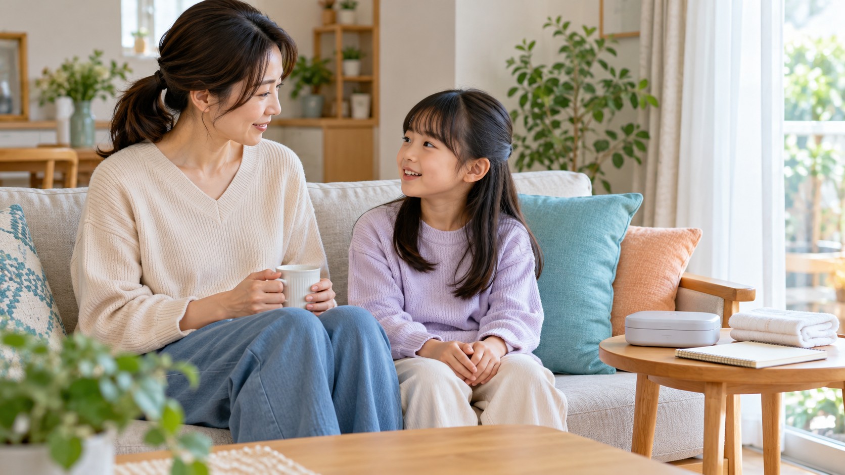 自宅で親子が会話をする、毎日の健康管理の生活イメージ