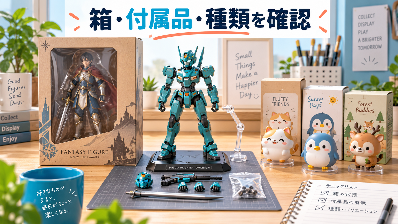 箱や付属品、フィギュアの種類を確認するイメージ。AI生成の架空商品
