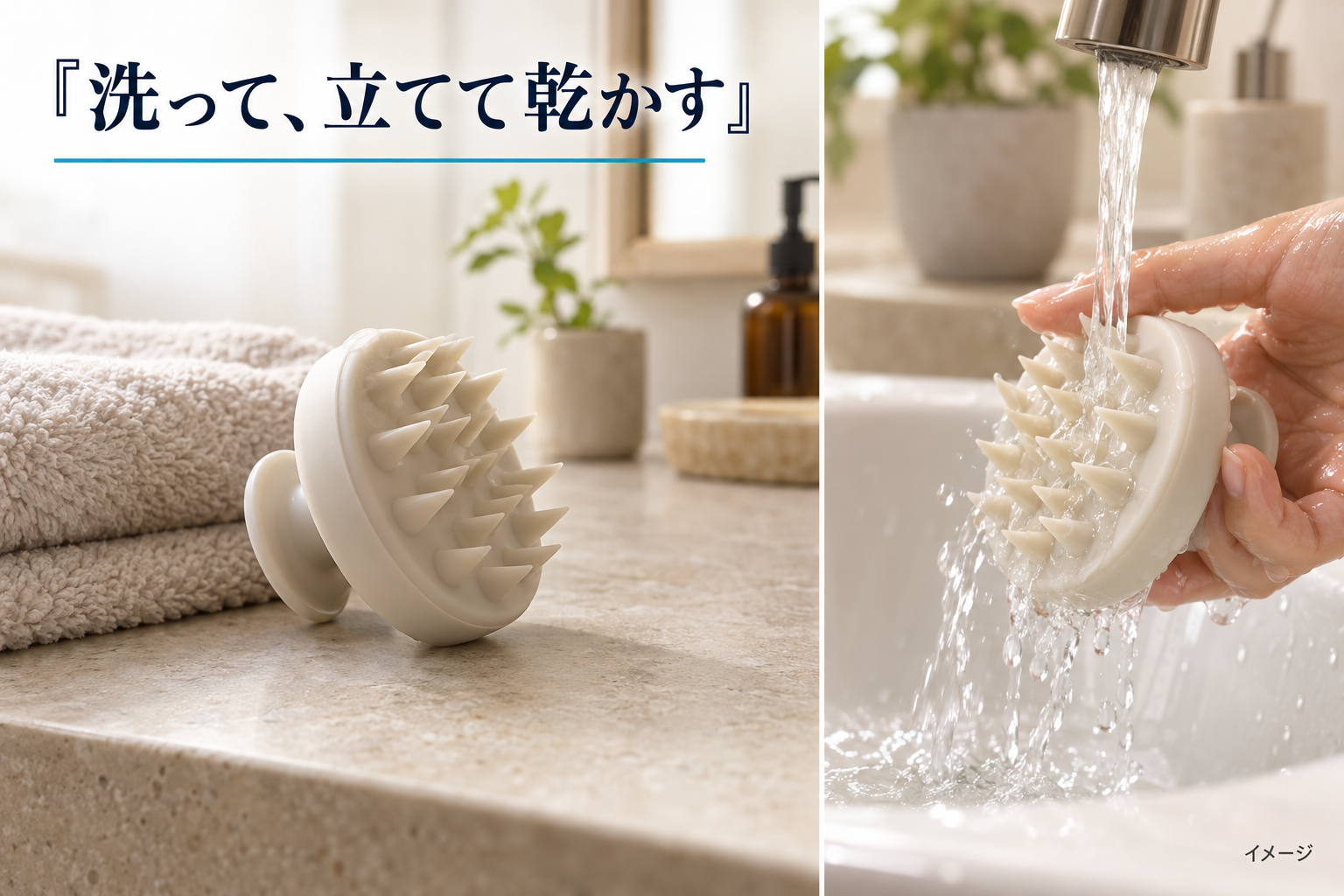洗って立てて乾かす・実写風AI生成イメージ