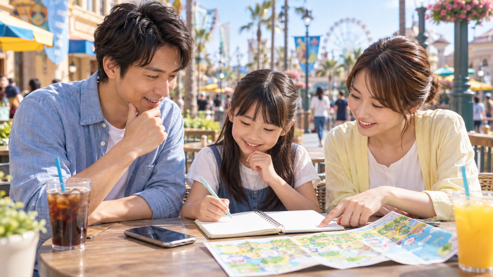 テーマパーク旅行の予定を家族で相談する実写風イメージ