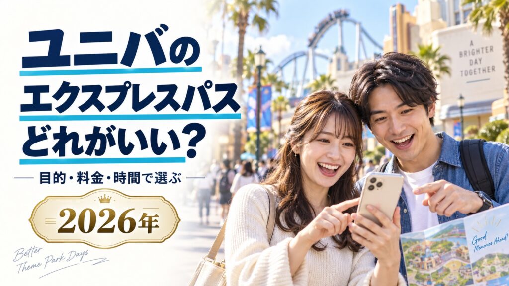 ユニバのエクスプレスパスはどれがいい？目的・料金・時間で選ぶ（実写風AI生成）