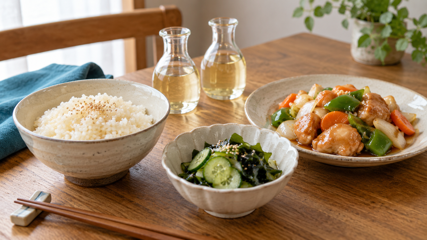 酢飯、きゅうりの酢の物、甘酢炒めを並べた食卓のイメージ