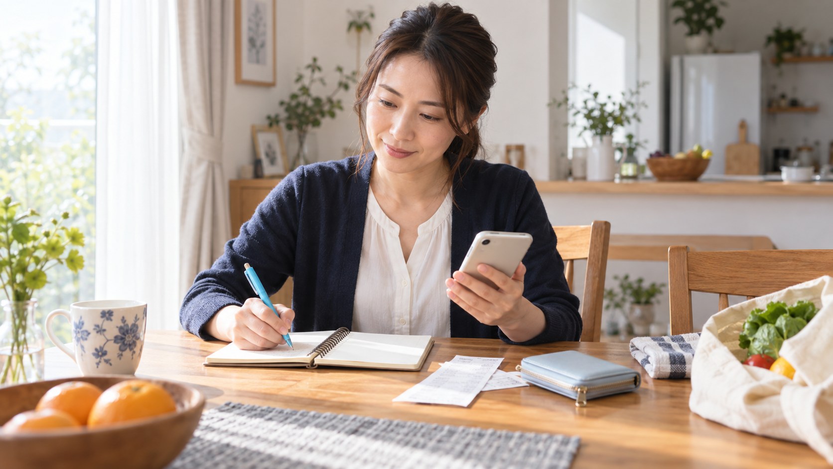 スマホとノートでポイントの使い道を考える女性の実写風イメージ