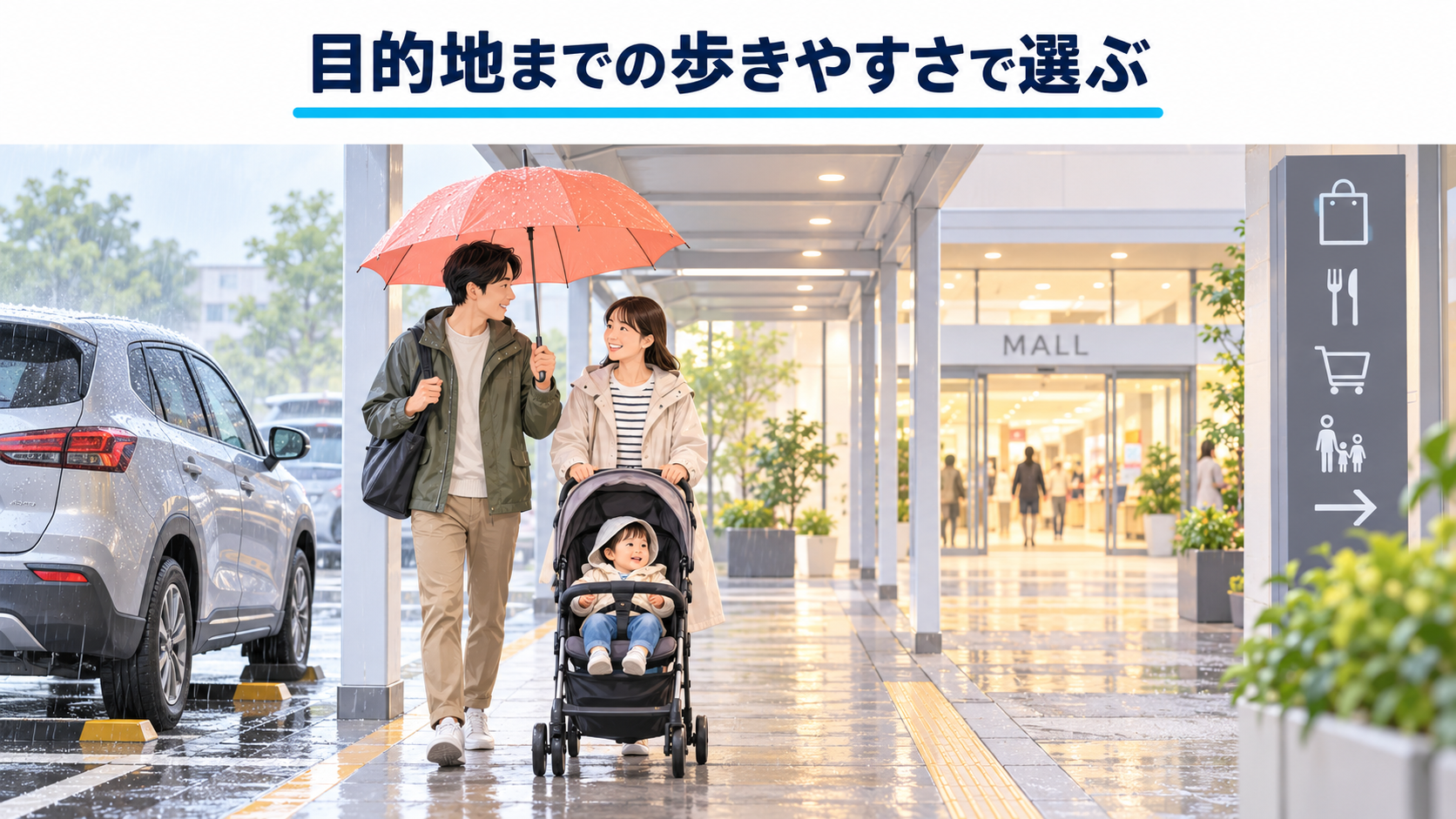 雨の日に子ども連れで移動する買い物客のAI生成イメージ