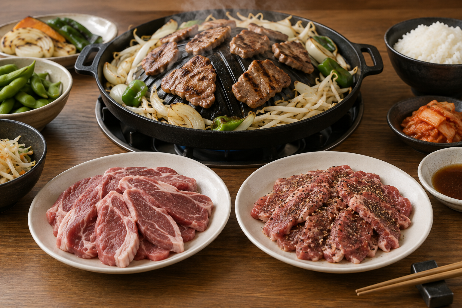 生ラムと味付け肉の違いを考えるジンギスカンのAI生成イメージ